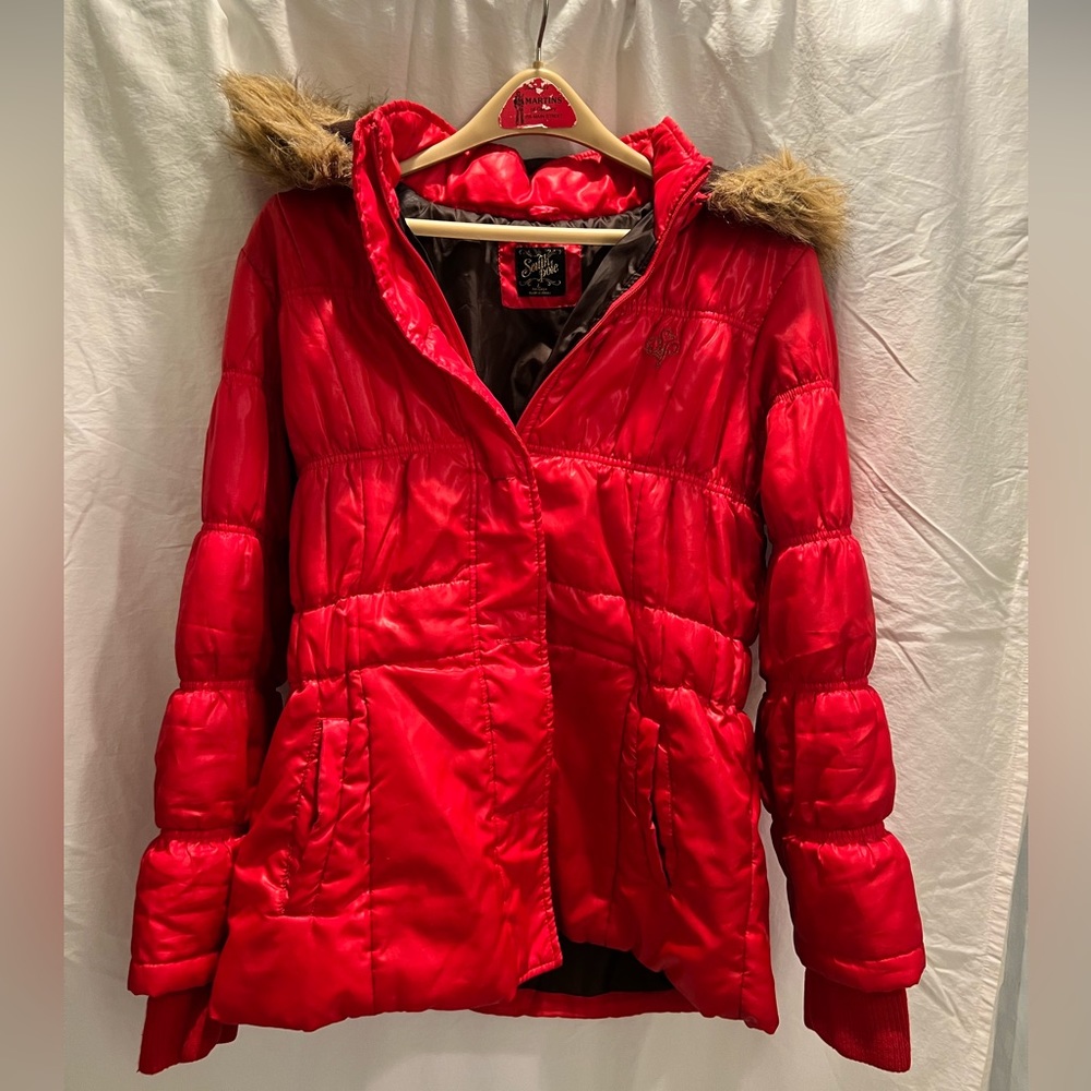 South Pole Red Faux Fur Trimmed Hooded Women’s Puffer Lined Y2K Jacket